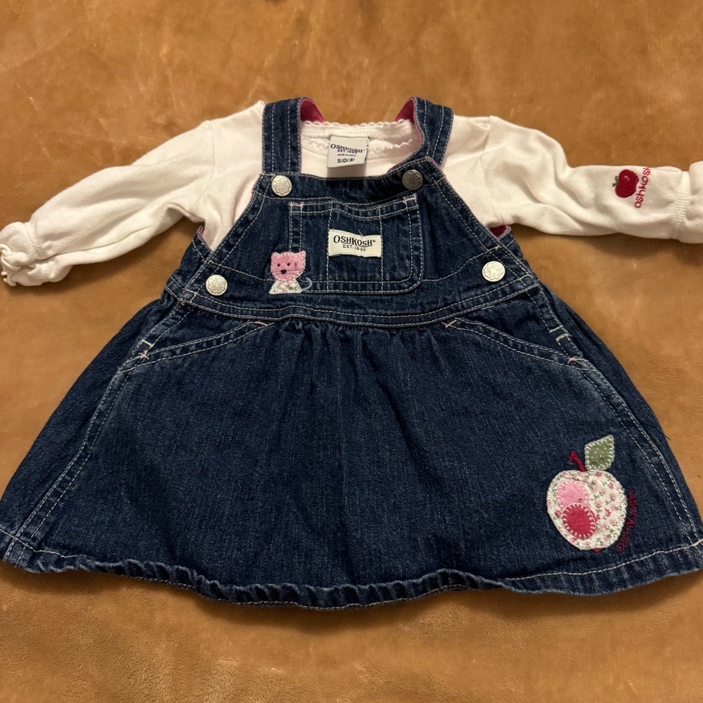 OshKosh Bgosh Baby Girls Denim Jumper Dress and Bodysuit Set 0-3 Months Pink Cat